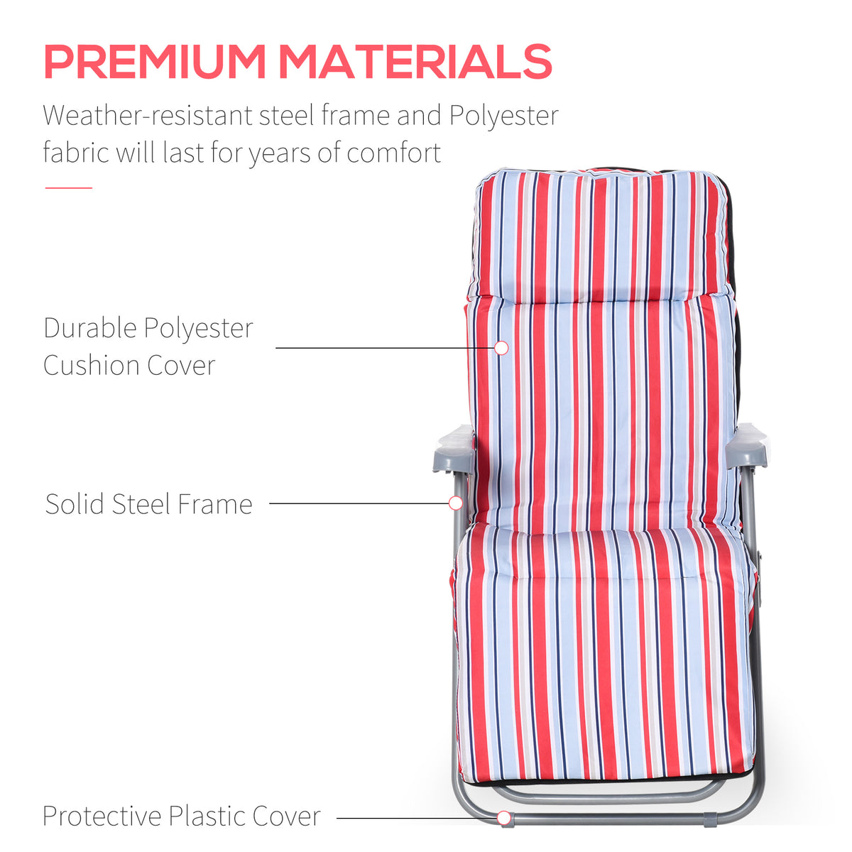Front view of a striped reclining garden chair with padded polyester cushion and steel frame