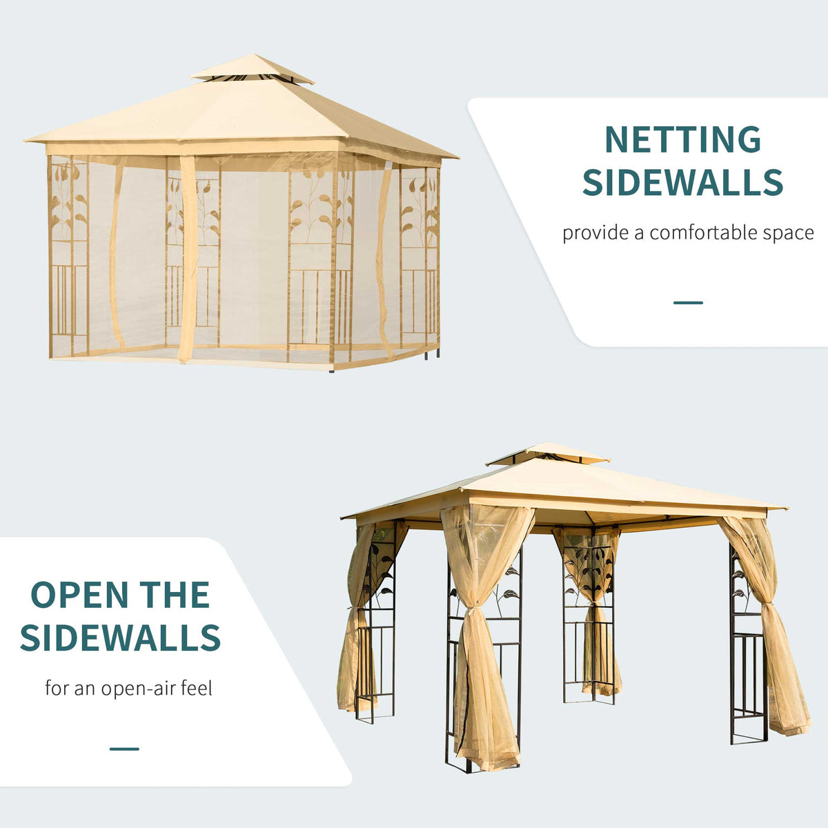 Gazebo shown with mesh sidewalls closed and curtains open