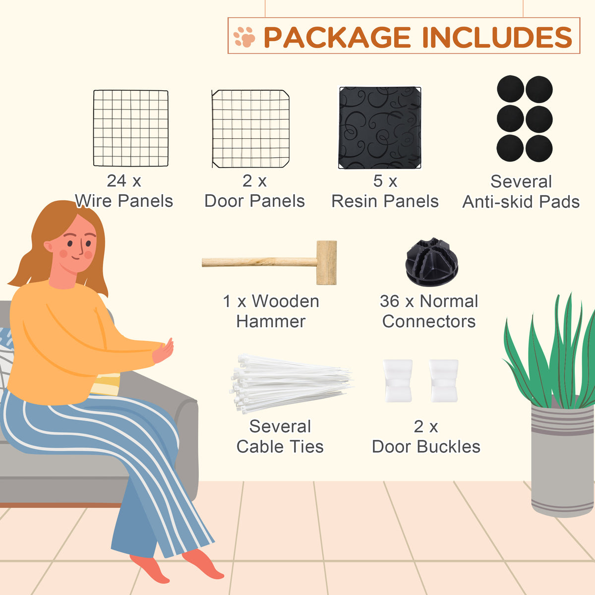 Playpen kit contents: wire and door panels, resin panels, anti-skid pads, connectors, cable ties, and buckles.