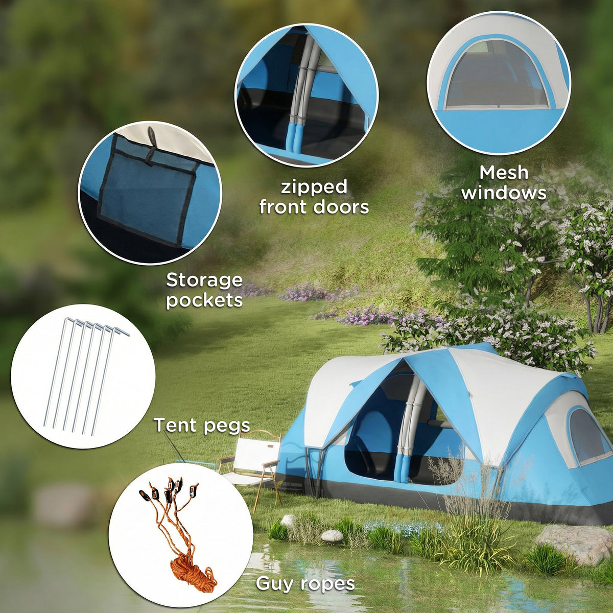 Outsunny Camping Tent for 6 Man with 2000mm Water Resistant Rainfly and Carry Bag for Fishing Hiking Festival, Sky Blue