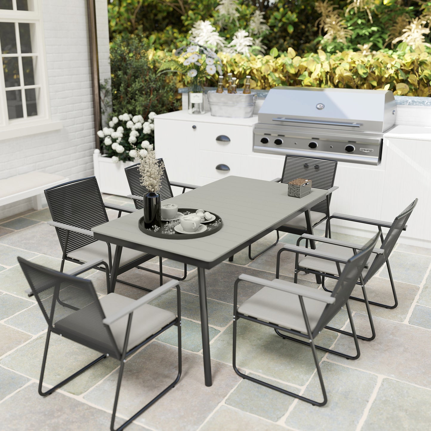 Outsunny 6‑Seater Garden Dining Set with Cushions, Rattan Backrest, Plastic Top, Garden Furniture Set, Grey