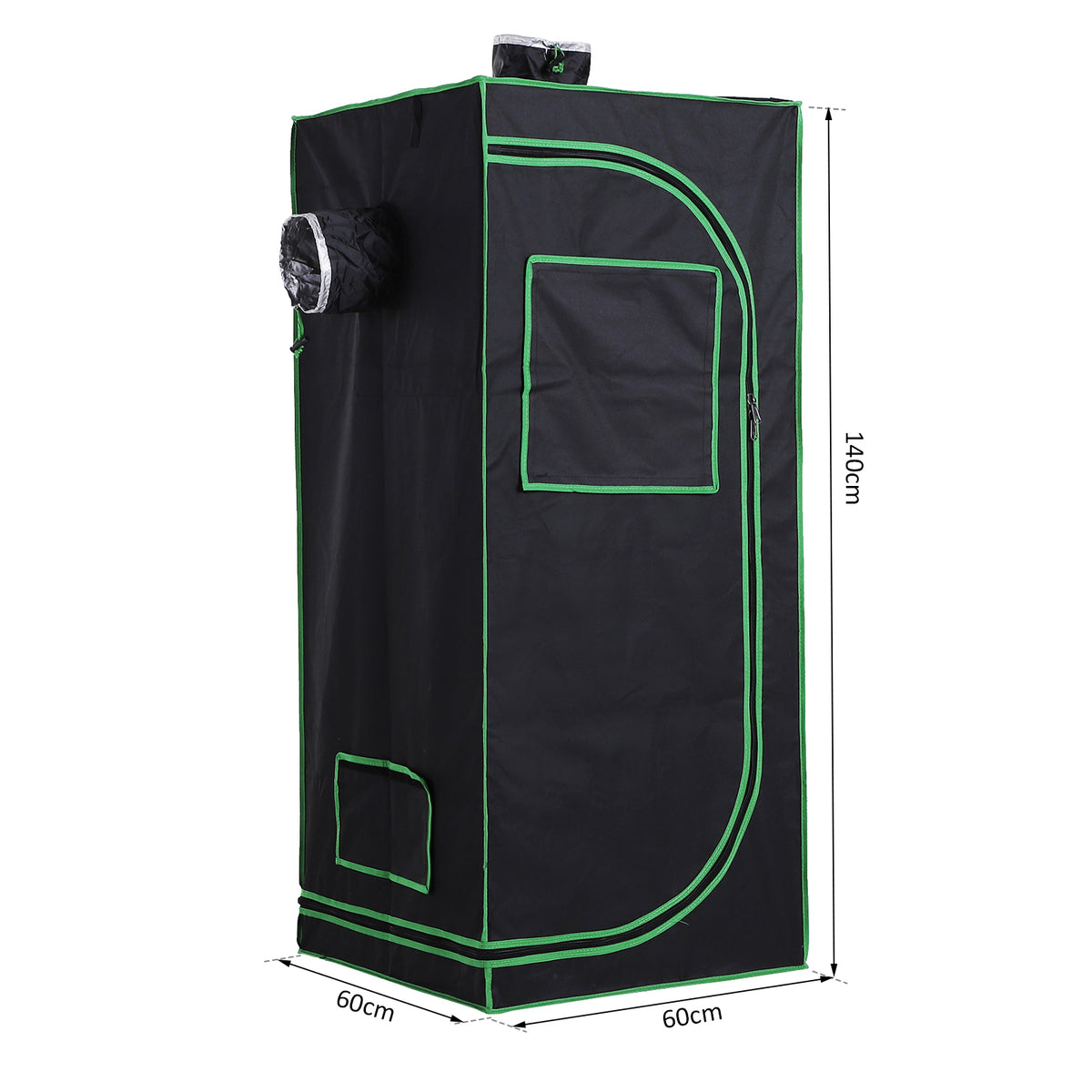 Outsunny grow tent with green trim and labeled 60 cm by 60 cm base, 140 cm tall