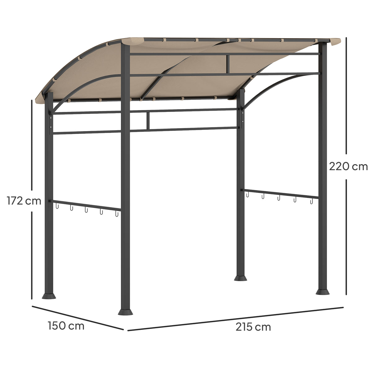 Outsunny BBQ gazebo with curved canopy, dark metal frame and dimensions marked