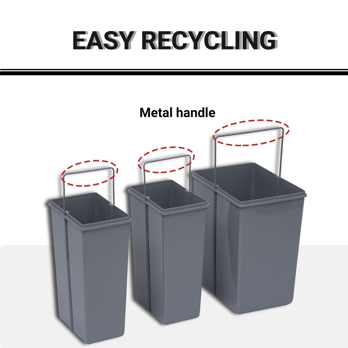 HOMCOM gray recycling bin with three removable buckets and metal handles