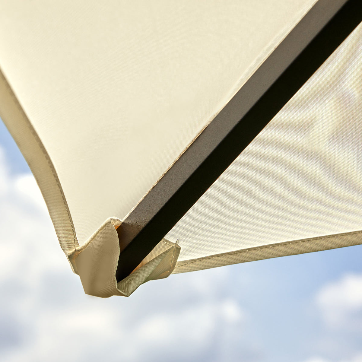 Outsunny gazebo canopy fabric corner secured around a metal frame bar