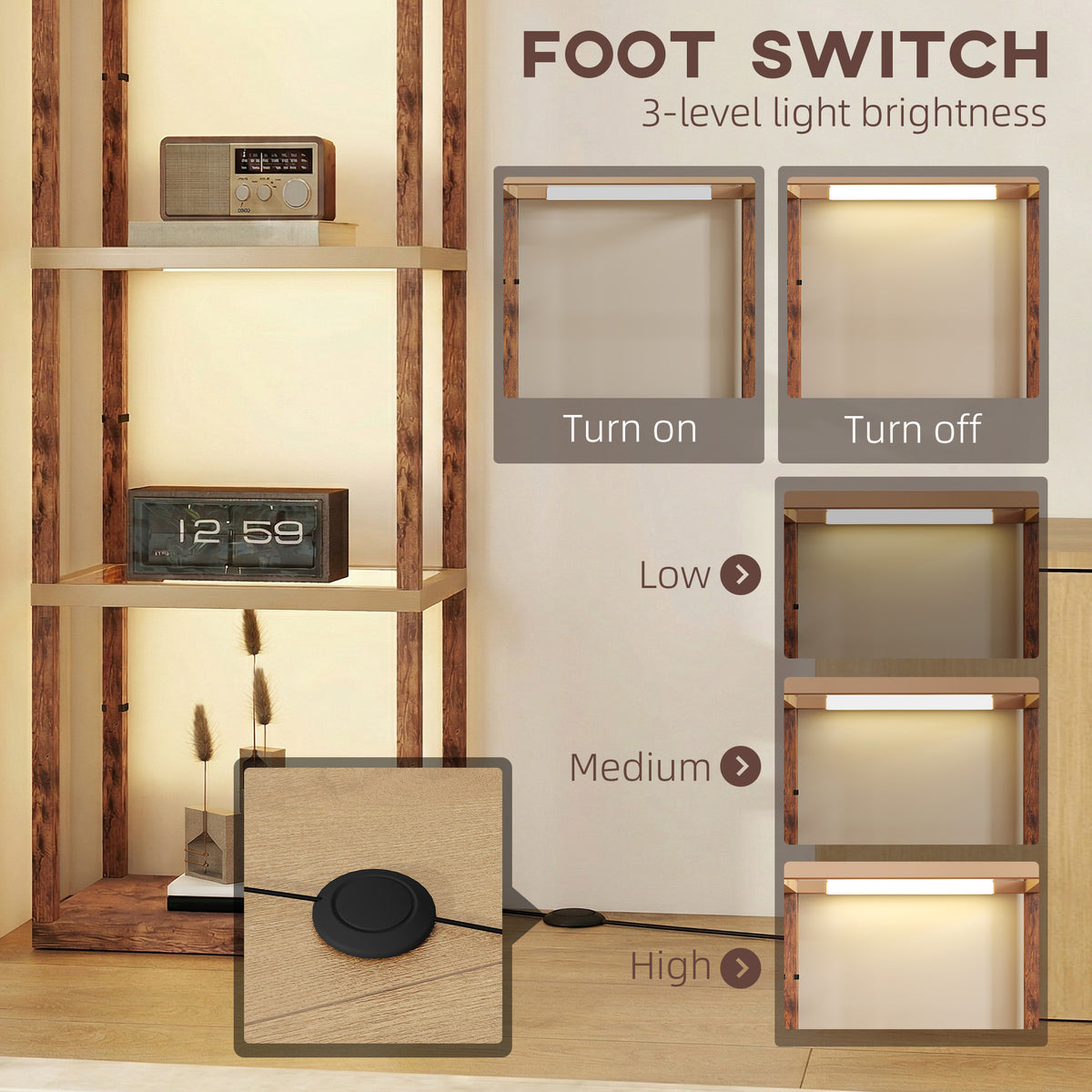 HOMCOM Four-Shelf Floor Lamp - Rustic Brown
