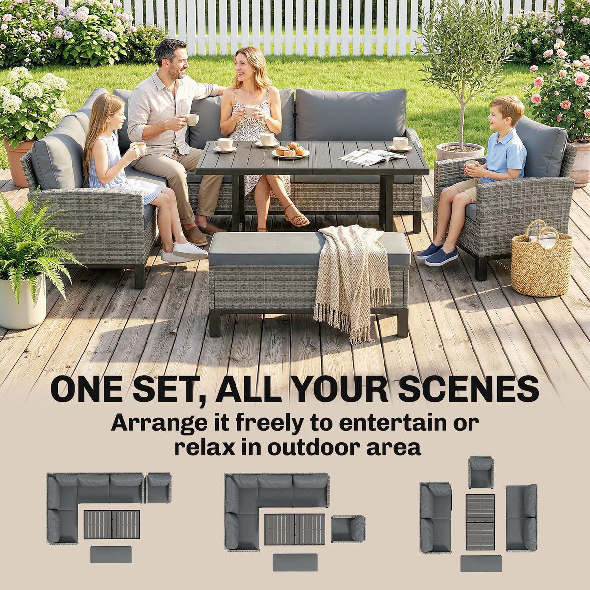 Outsunny 9 Seater Rattan Garden Furniture Corner Sofa Set, Outdoor Dining Set with Faux Wood Table, Ottoman, Cushions, Dark Grey