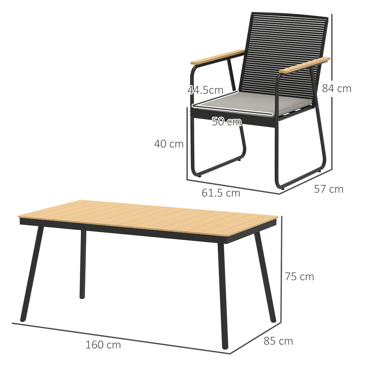 Outsunny dining set with 160 cm table and chair dimensions shown