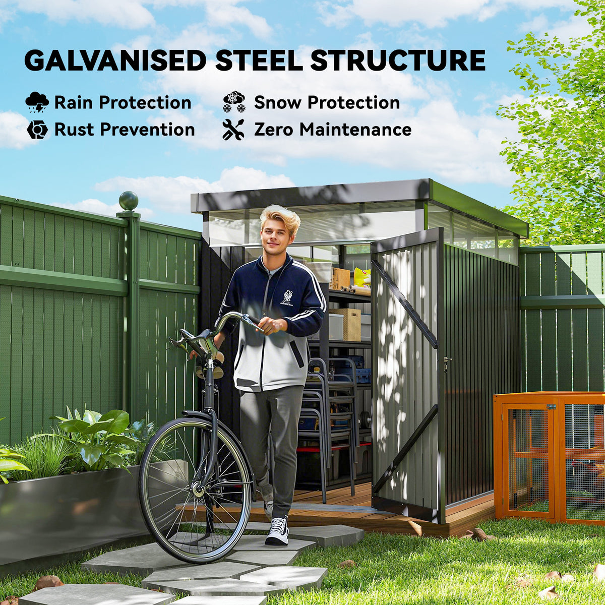 Outsunny steel garden shed with open double doors and visible tool storage shelves