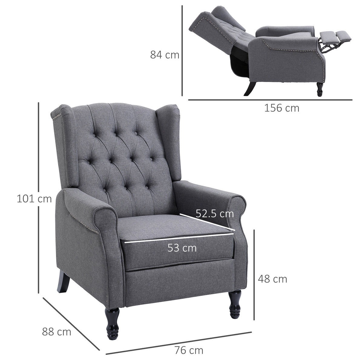HOMCOM gray recliner with wingback and footrest, shown with chair and reclined dimensions