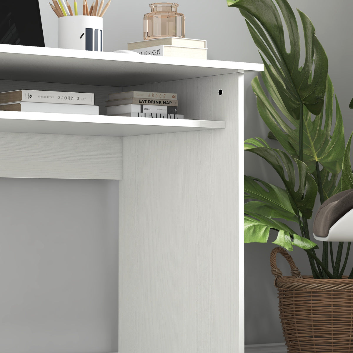 HOMCOM desk close-up showing the side panel, shelf, and round cable hole