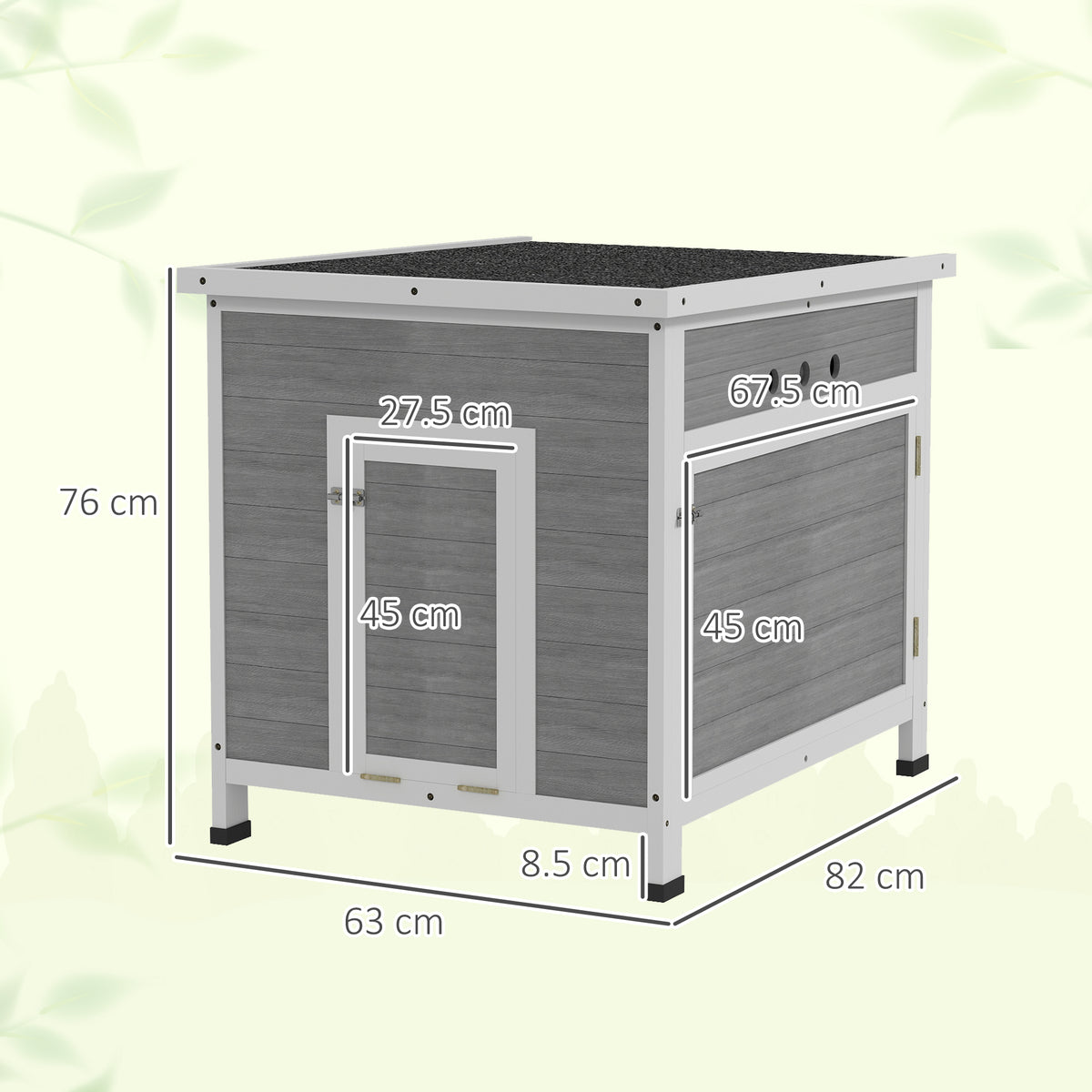 PawHut wooden duck house with dimensions, front entrance and side door