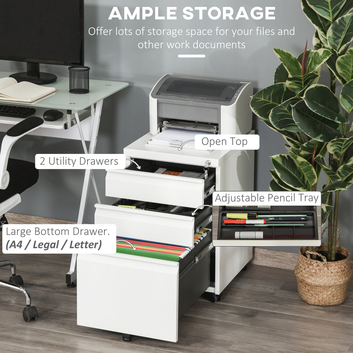 White three-drawer filing cabinet with open drawers and a removable pencil tray for office supplies.