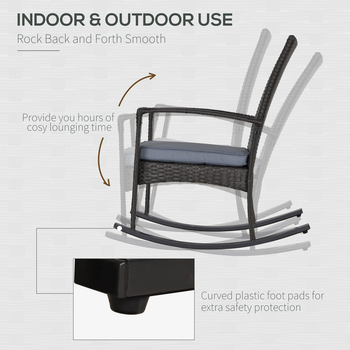 Rattan rocking chair shown rocking, with curved rocker rails and protective foot pads