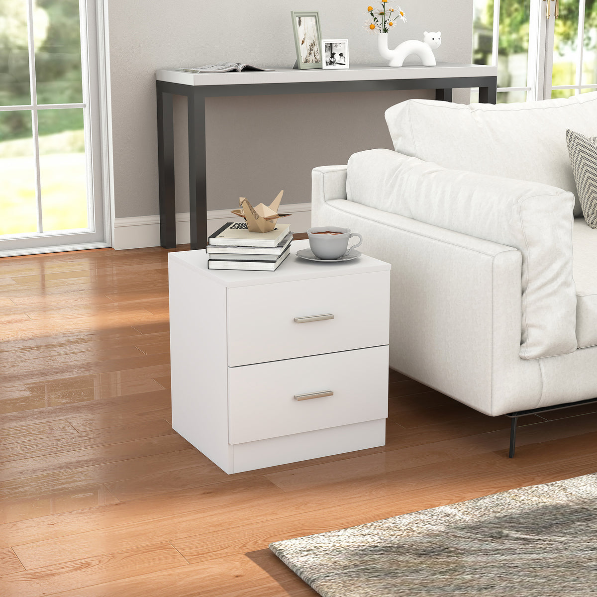 HOMCOM Modern Bedside Table, Beside Cabinet with 2 Drawers, for Bedroom, Living Room, White