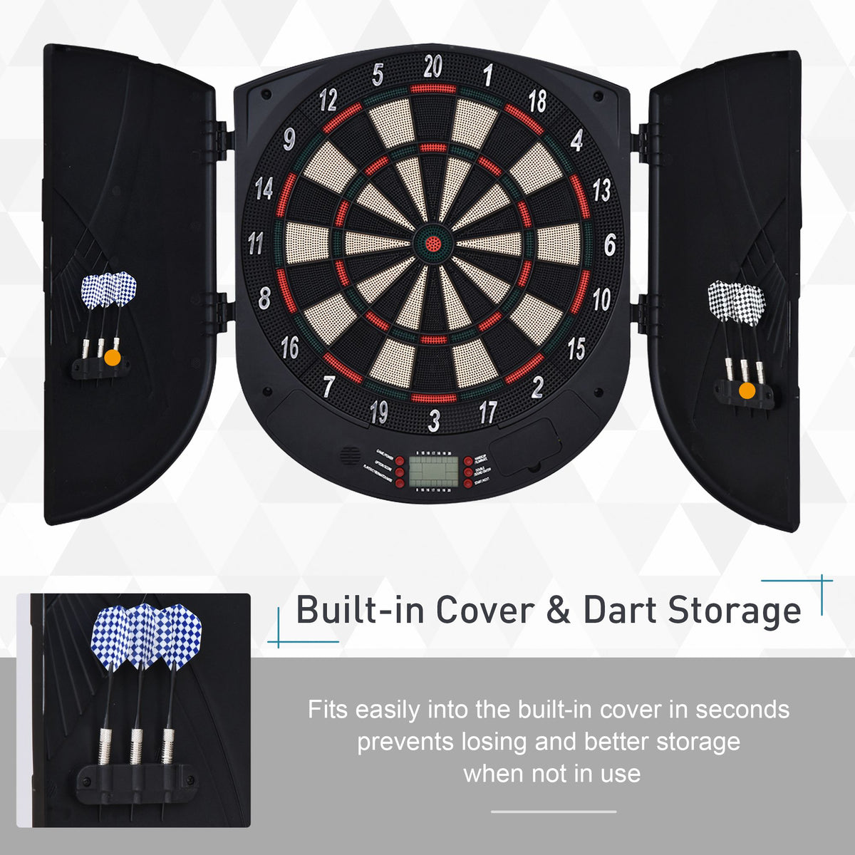 HOMCOM electronic dartboard with built-in dart storage in the open cabinet doors