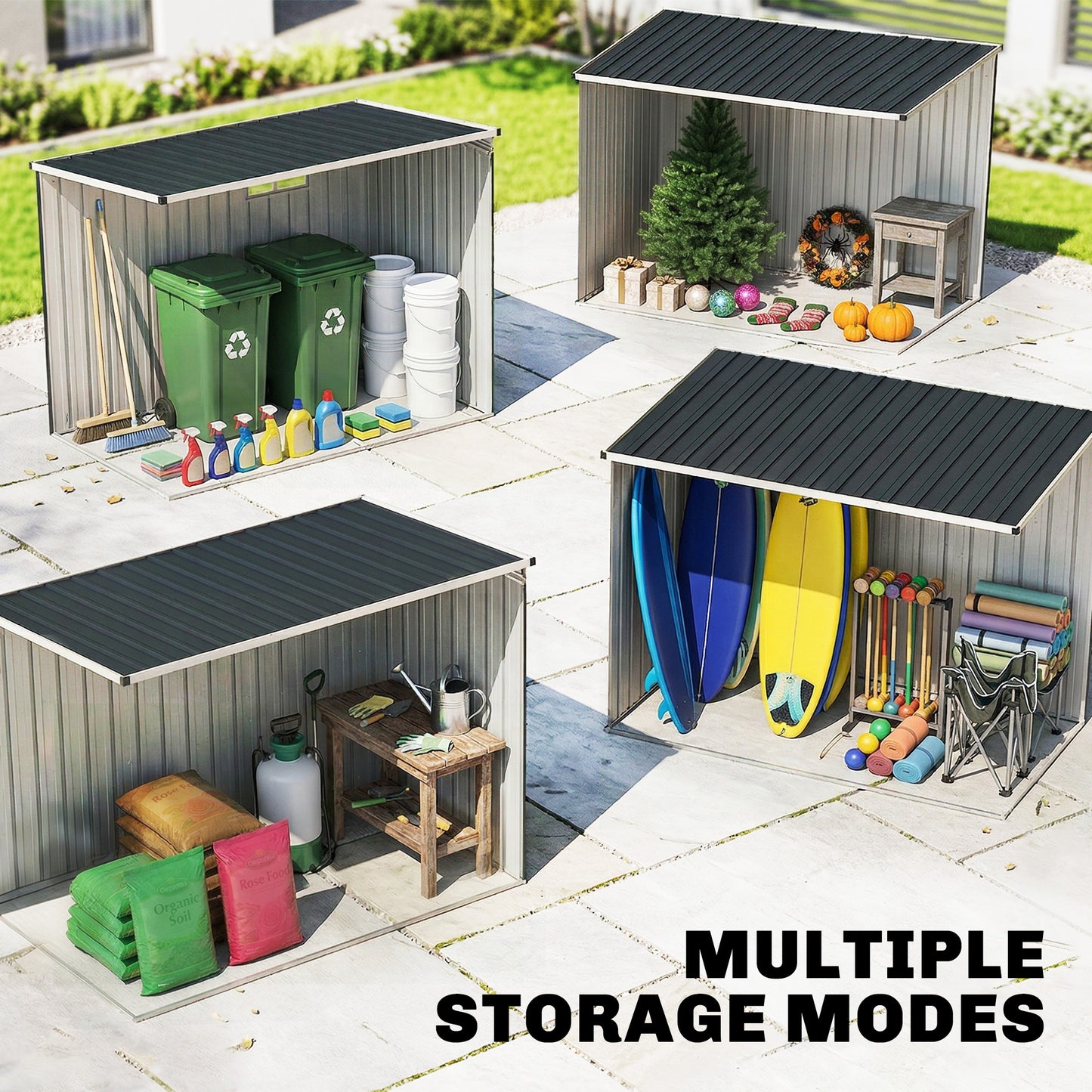 Outsunny 7.6 x 4ft Lean to Garden Metal Shed, Outdoor Storage Shed with Window, 2 Vents and Lockable Door for Garden, Dark Grey