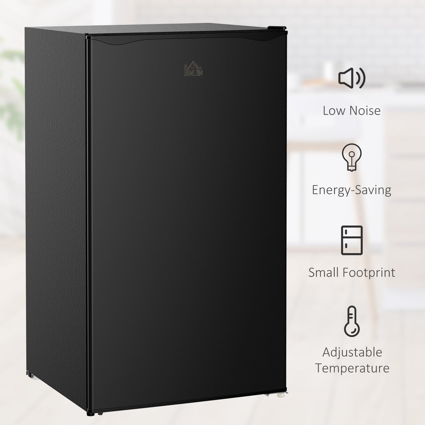 Black HOMCOM under-counter refrigerator with a compact single-door design.