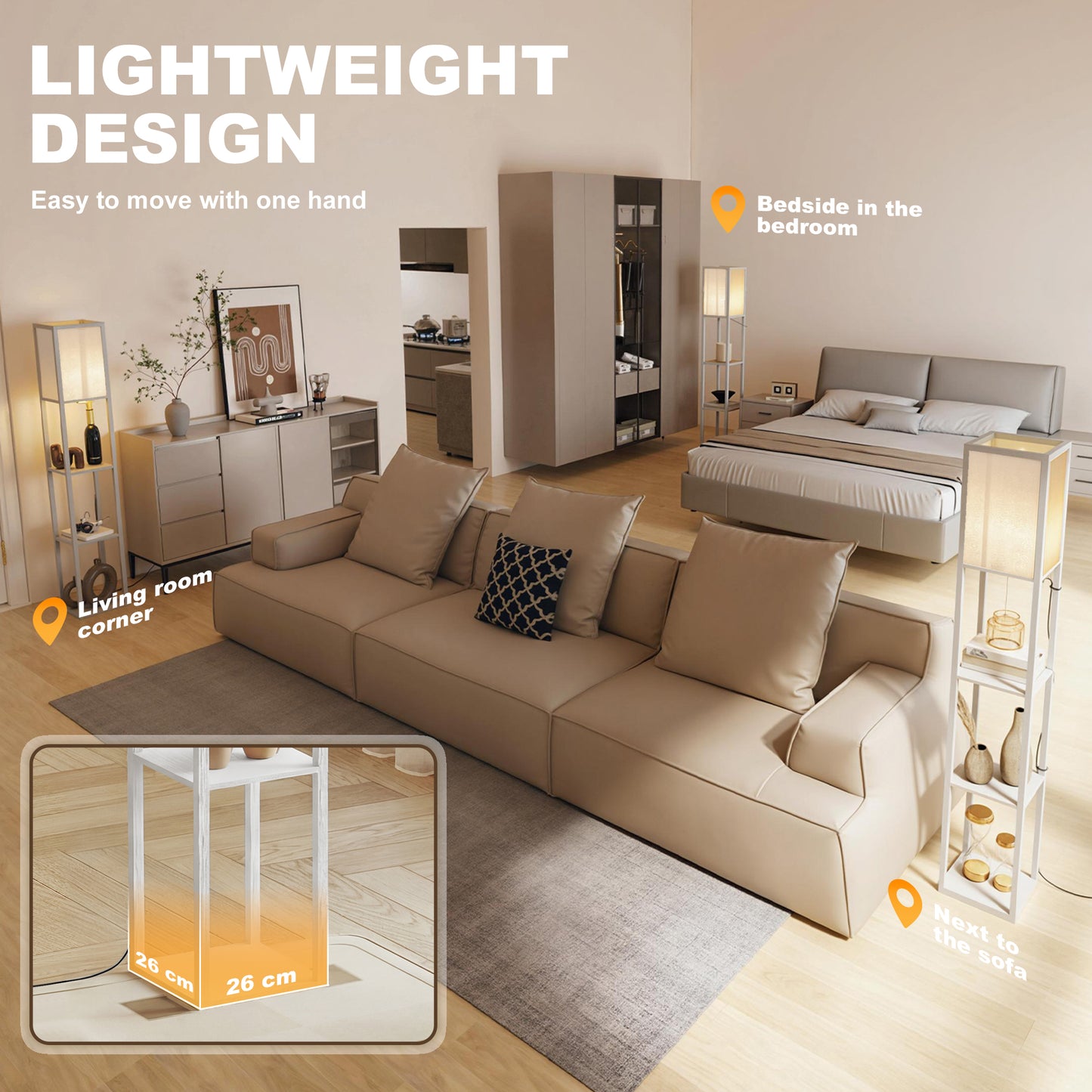 HOMCOM 3-Tier Floor Lamp with Shelves and Storage, Modern Corner Standing Lamp with Lampshade, Reading Light with Foot Switch for Living Room, Bedroom, Home Office, Bulb not Included, White