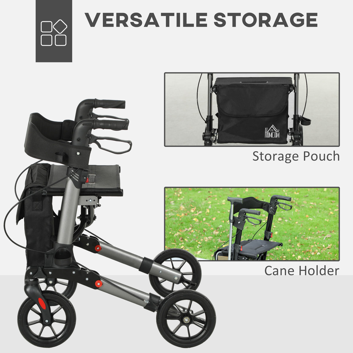 HOMCOM rollator walker with storage pouch and cane holder, shown from the side