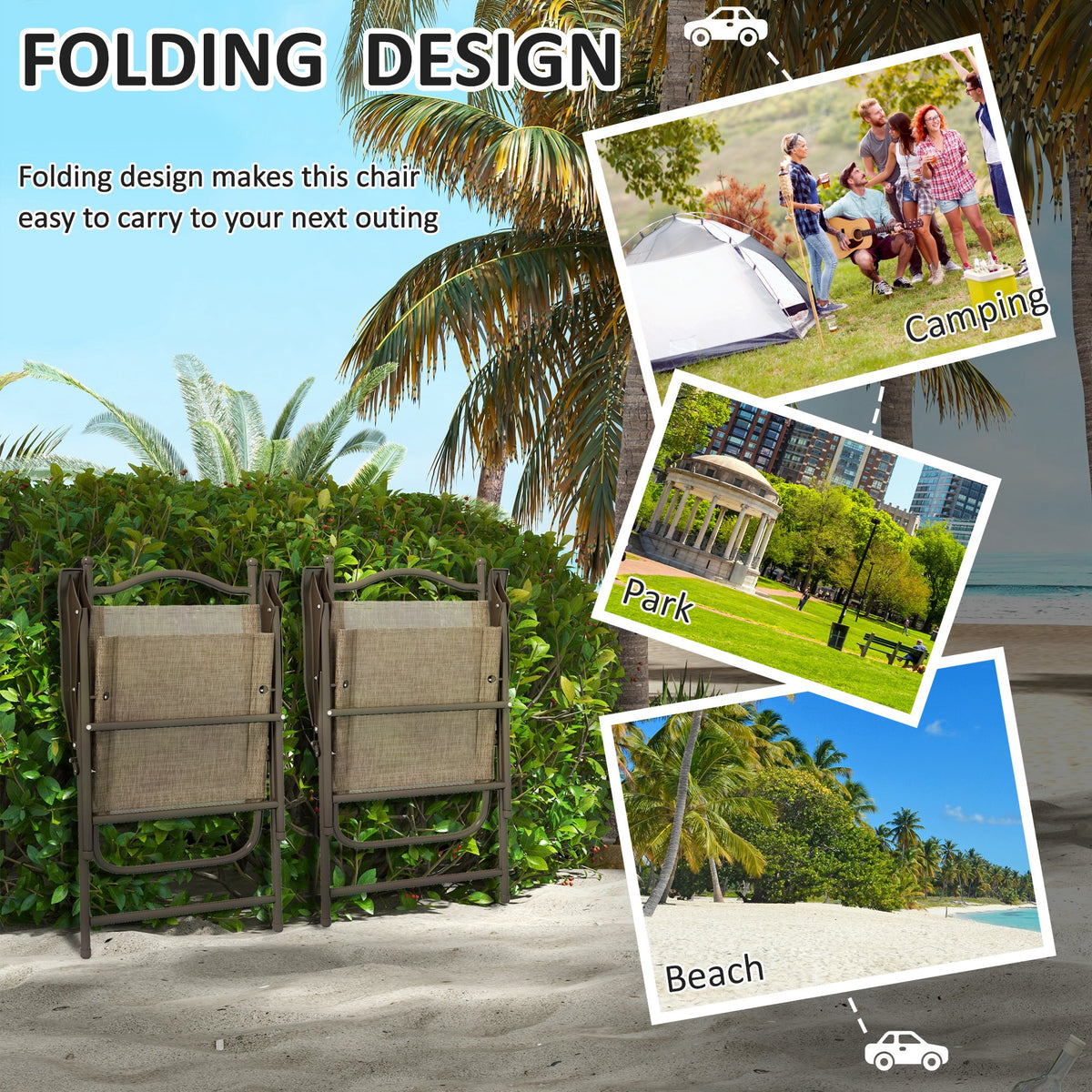 Pair of folding garden chairs shown folded for carrying and storage