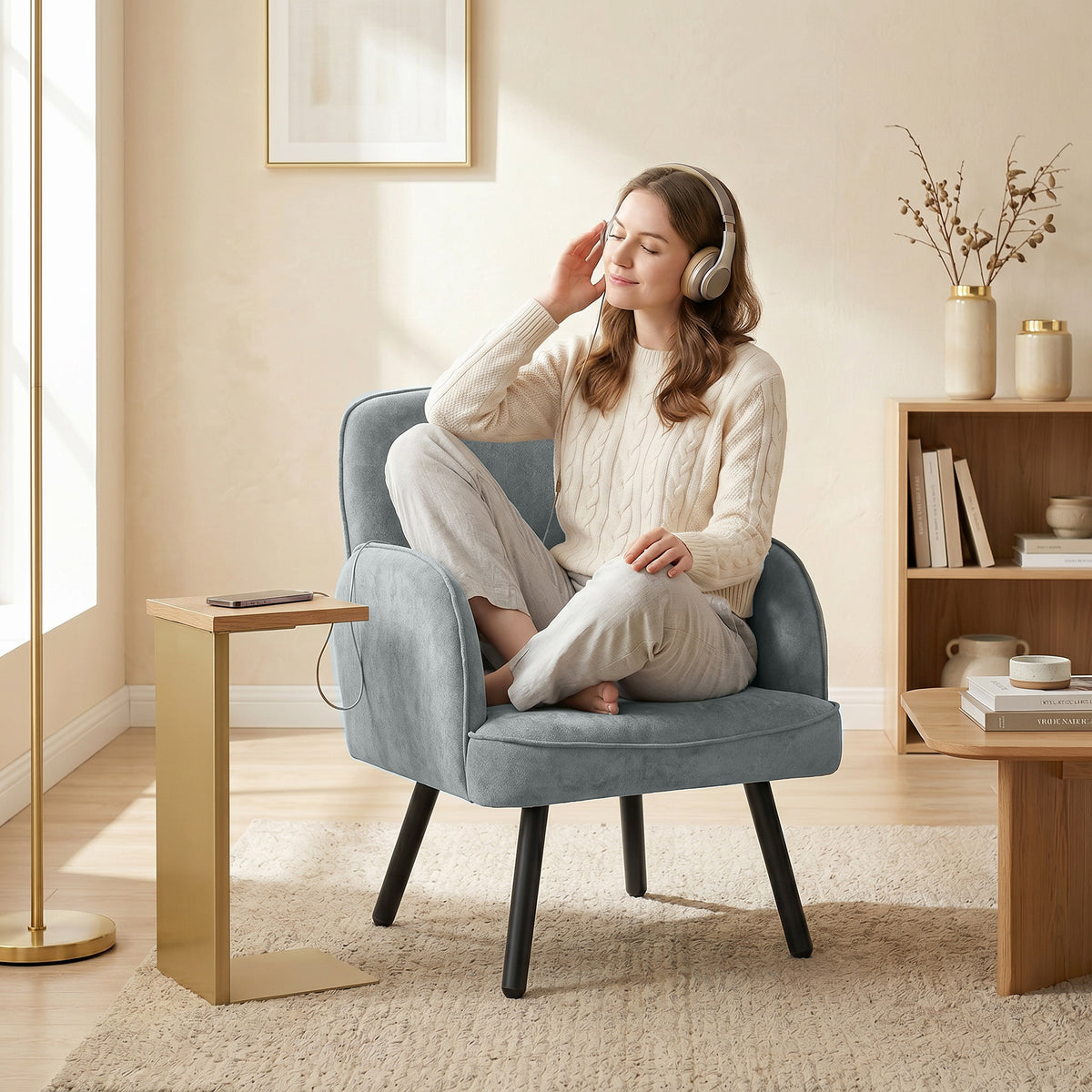 HOMCOM Lounge Chair Velvet Upholstered Armchair with Spring Cushion for Living Room Bedroom Grey