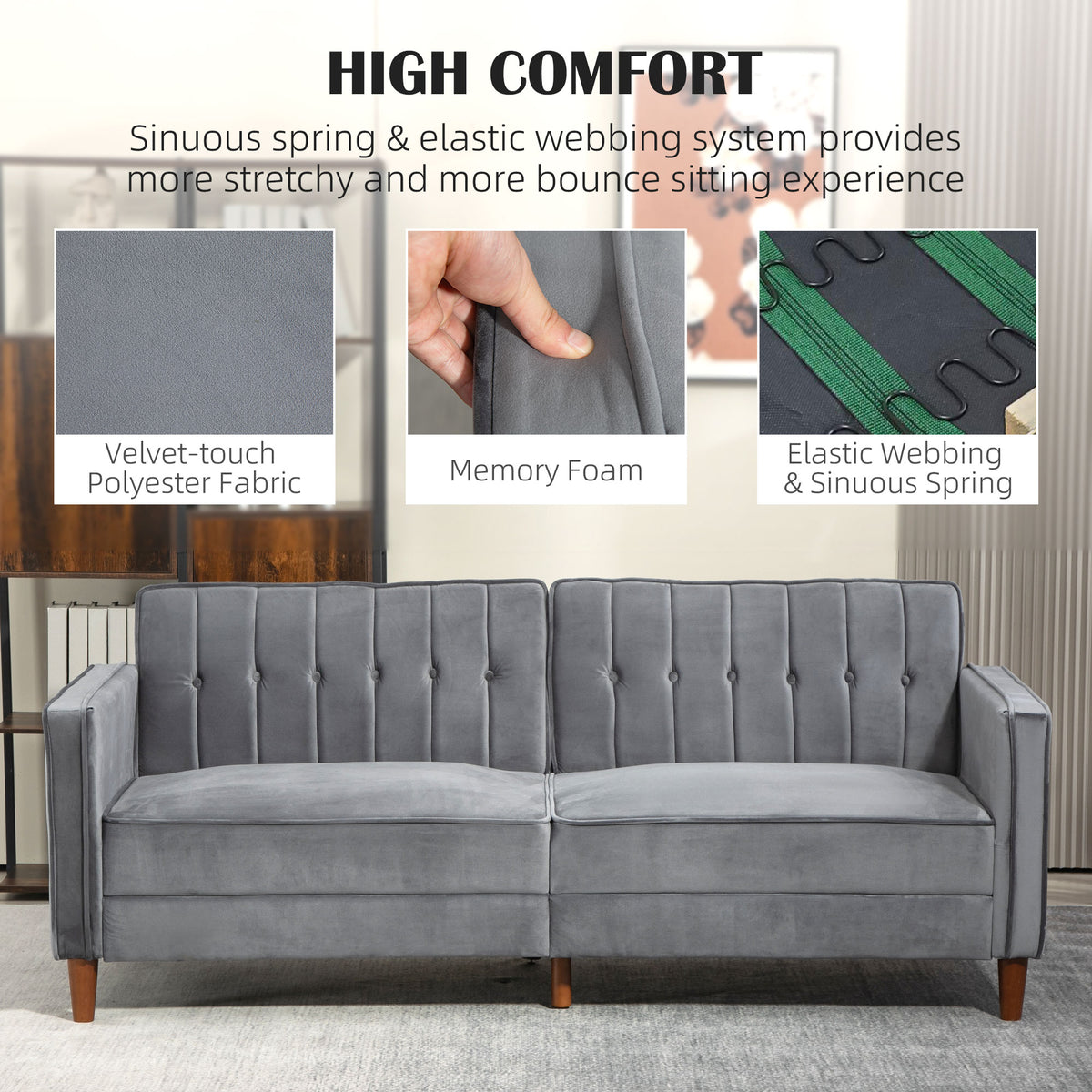 Gray velvet-feel sofa bed with tufted back, polyester fabric, foam, and spring webbing