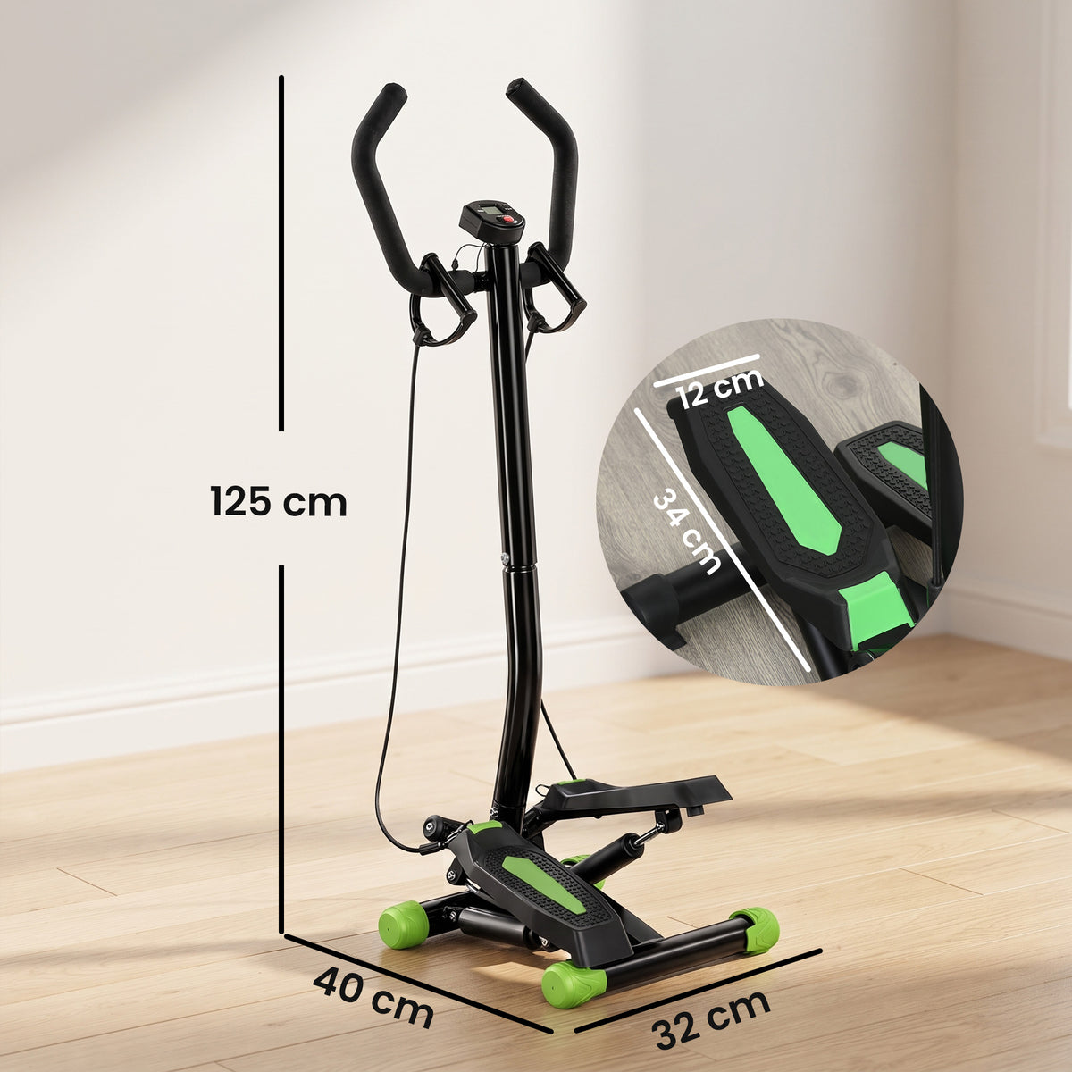 HOMCOM stepper with handlebar, foot pedals and dimensions of 125 by 40 by 32 cm