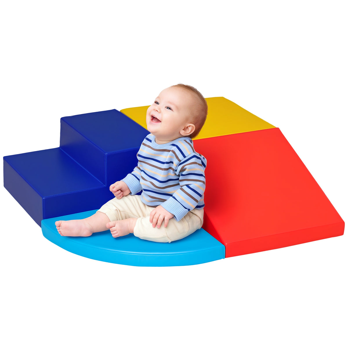 HOMCOM colorful foam climbing set arranged as blue steps, yellow block, red ramp and curved blue base