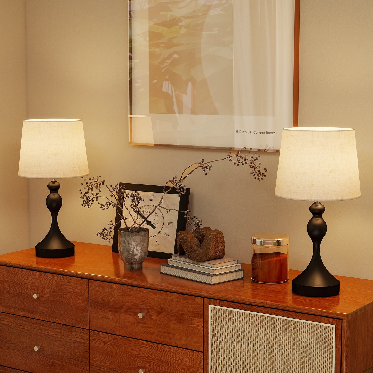 HOMCOM Set of Two Three-Colour Lamps, with USB Ports - Black/Beige
