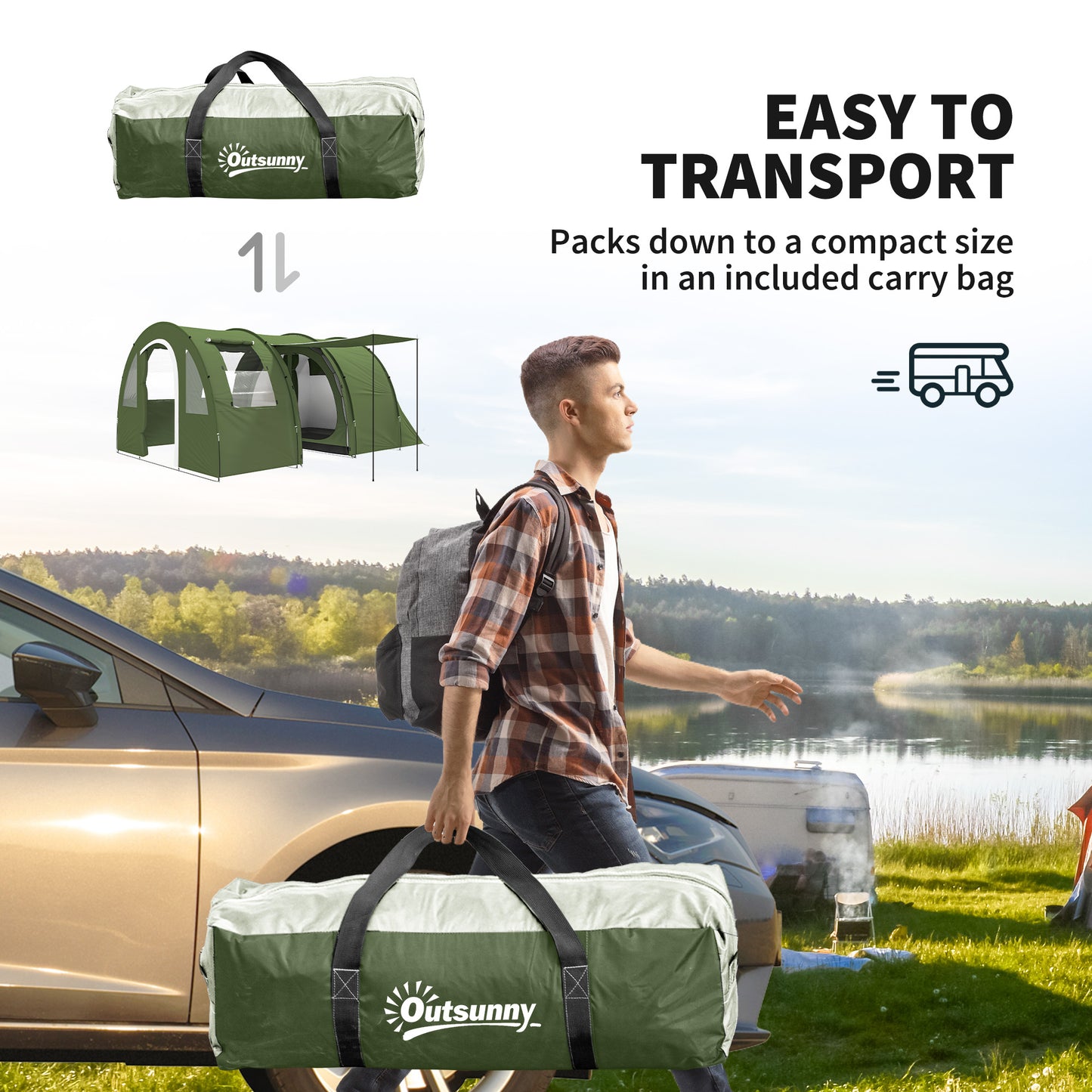 Outsunny 4 Man Camping Tent with 2 Room, Floor and Carry Bag - Green