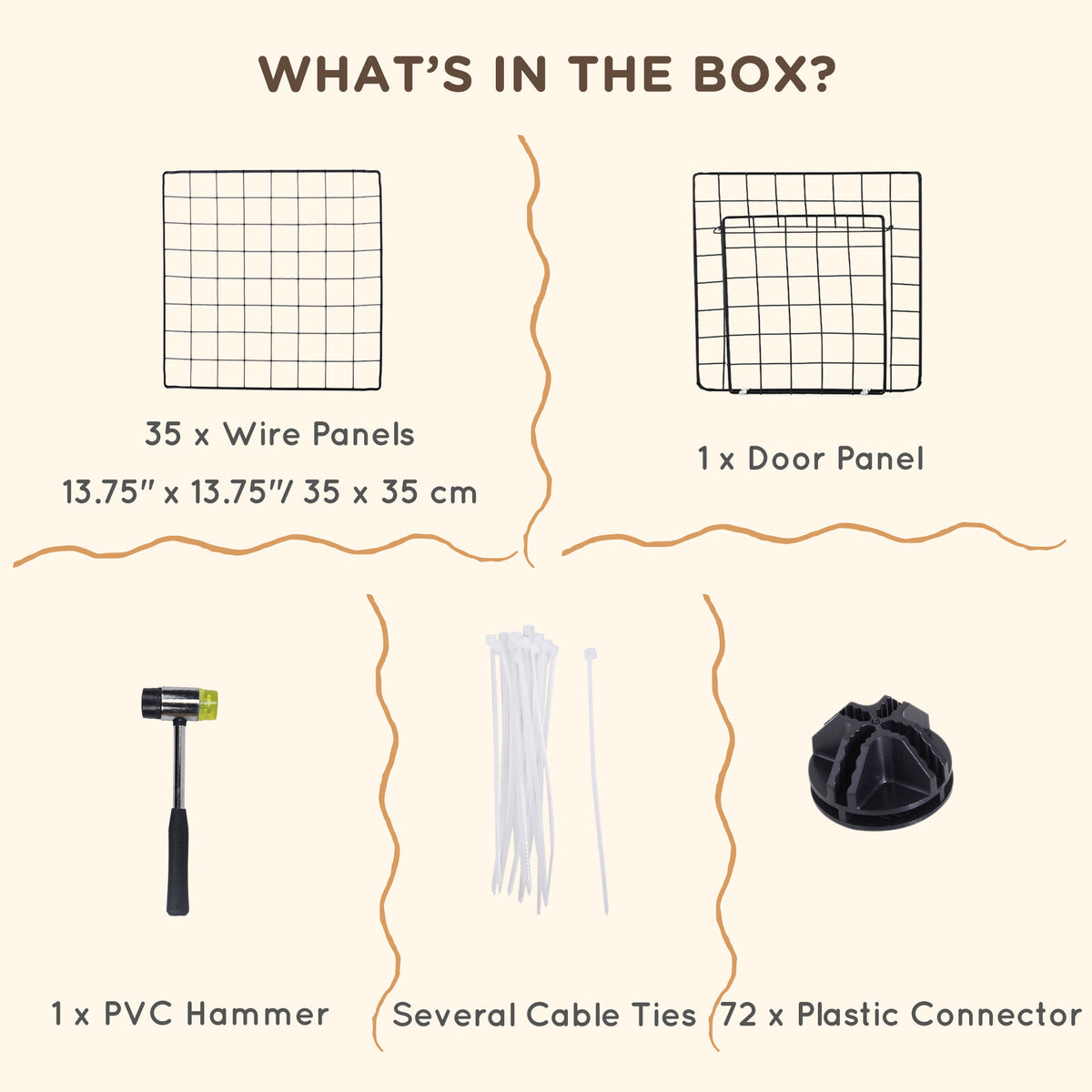 Black wire pet playpen kit with mesh panels, door panel, connectors, cable ties and PVC hammer