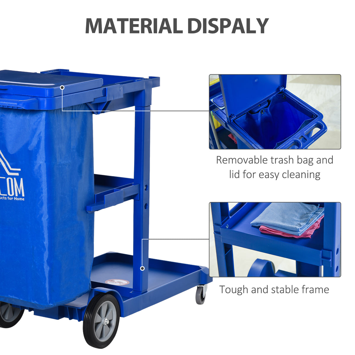 Blue janitor trolley with removable waste bag, lid and sturdy frame.