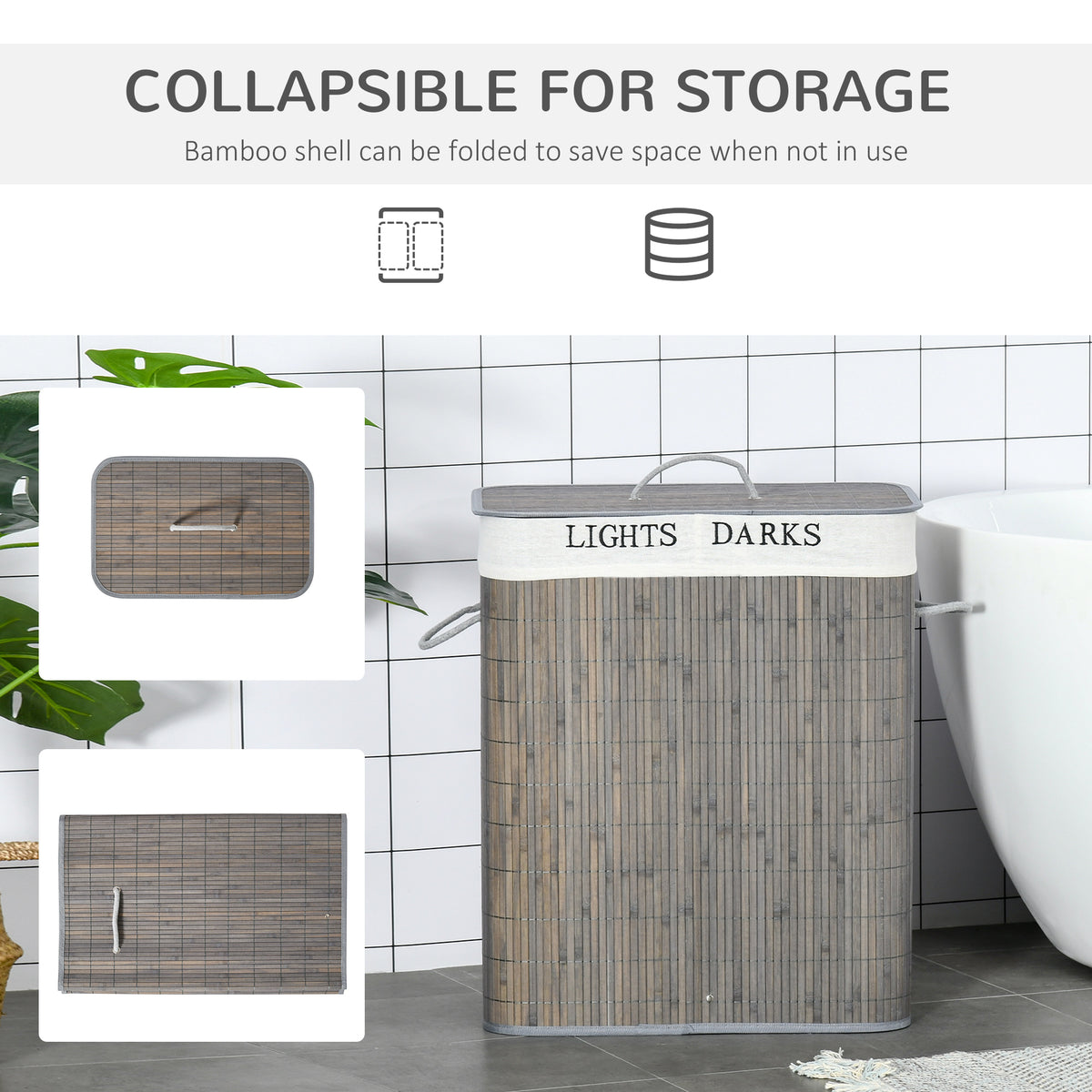Laundry hamper with bamboo shell shown folded flat for compact storage