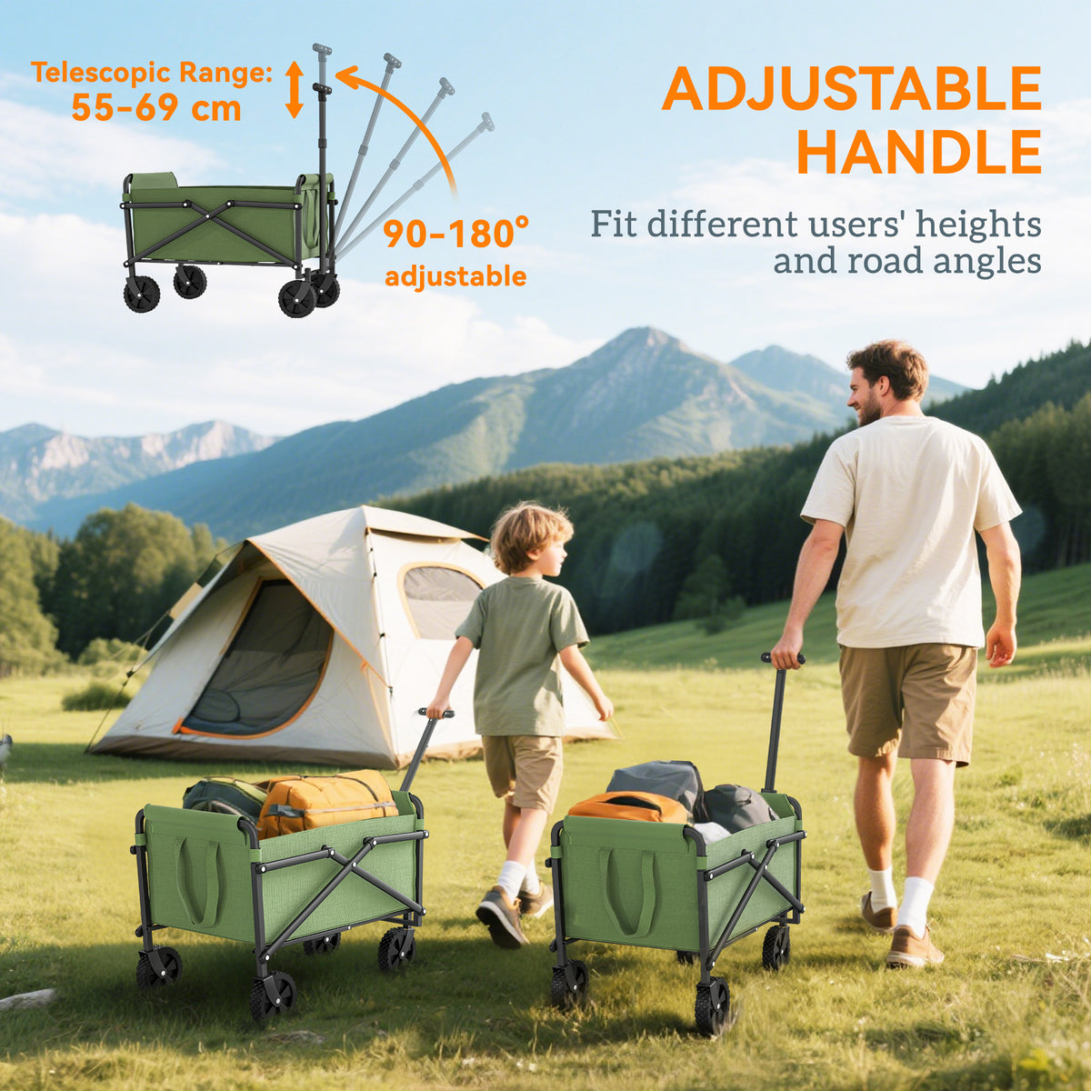 Outsunny 62L Festival Trolley on Wheels, Portable Small Folding Trolley Cart, 60kg Heavy Duty Collapsible Foldable Wagon with Adjustable Handle and Carrying Bag for Beach, Camping, Garden, Green