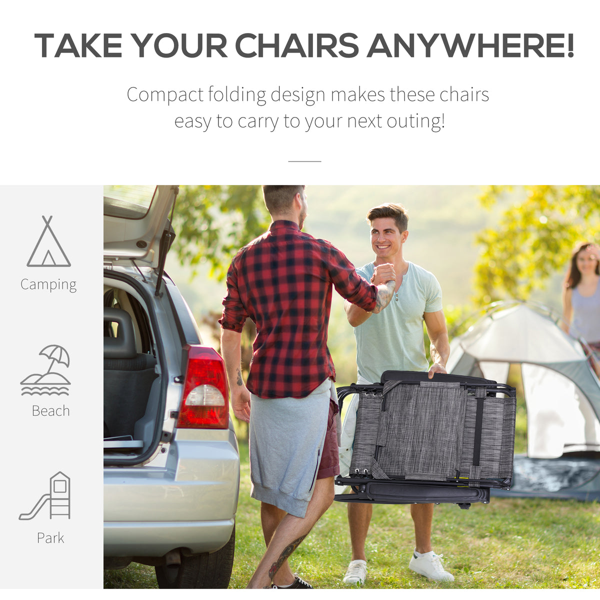 Folded gray reclining garden chair with carrying handle