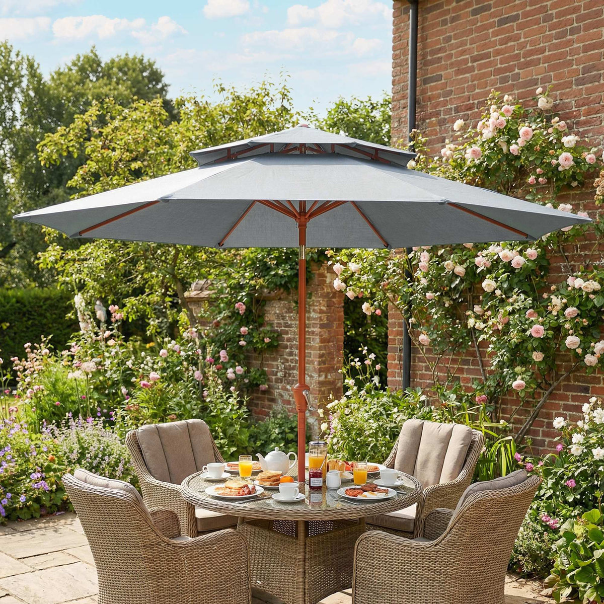 Outsunny 2.7 m Garden Parasol with Double Top Outdoor Market Table Umbrella with Crank System, Light Grey