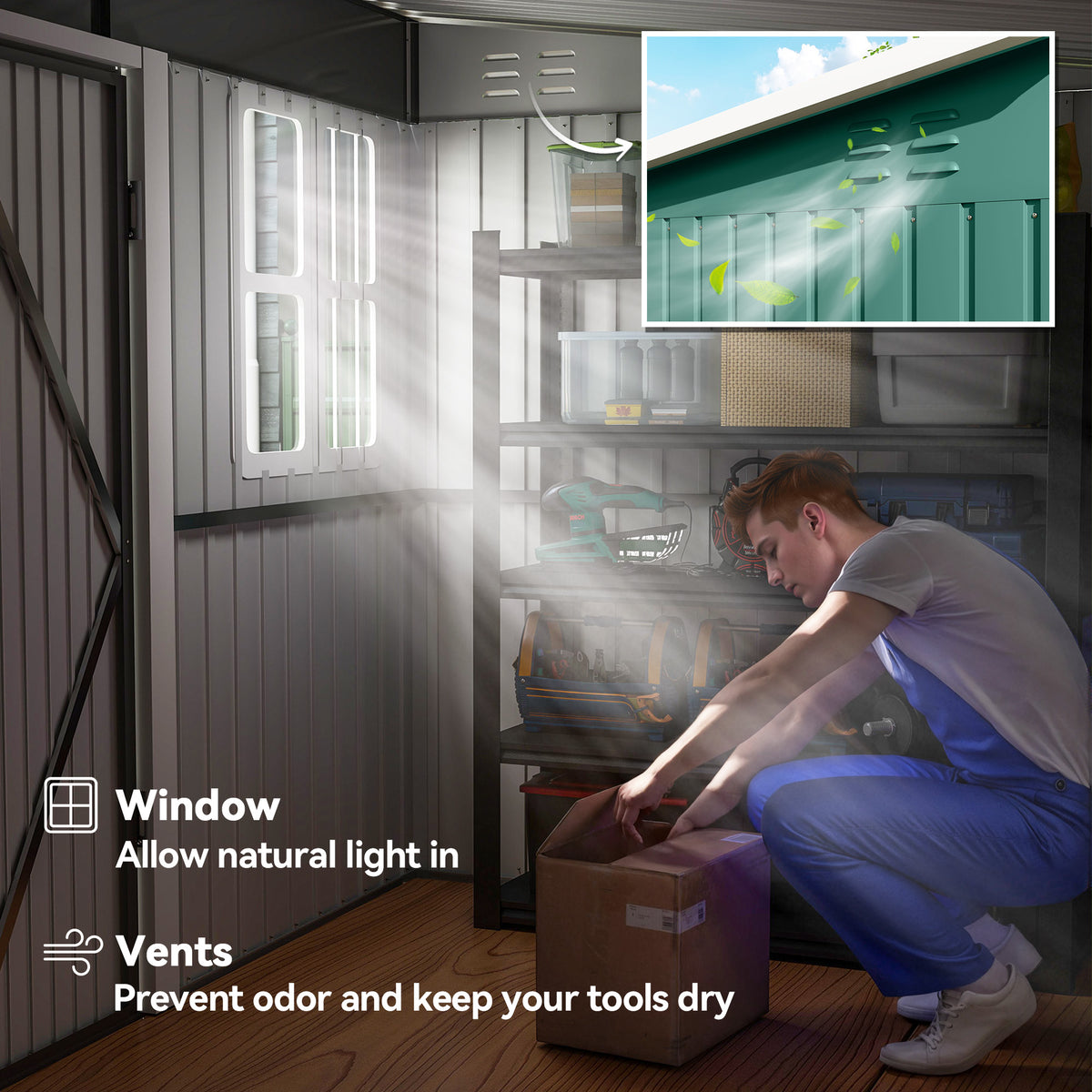 Outsunny shed interior with window, ventilation slots and storage shelves