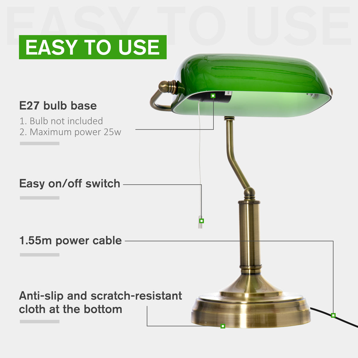Banker's desk lamp showing pull switch, E27 bulb base, cord, and bronze-tone base