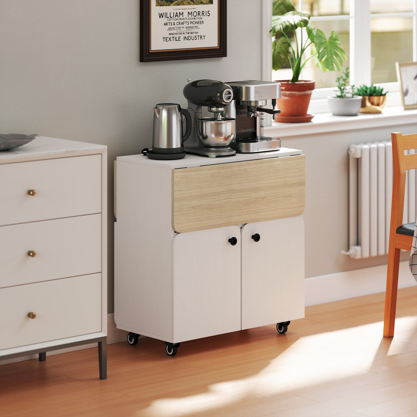 HOMCOM Folding Dining Table, Rolling Drop Leaf Table with Hidden Shelf & Cabinet for Dining Room, Small Spaces, White