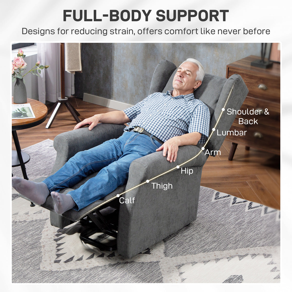 HOMCOM Power Lift Recliner Armchair, Electric Lift Chair for Elderly, Fabric Riser and Reclining Chair with Remote Control, Side Pockets, Extended Footrest, for Living Room, Charcoal Grey