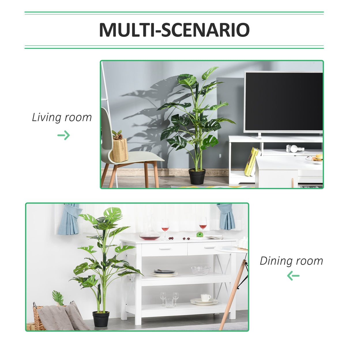 Artificial Monstera tree displayed in living and dining room settings