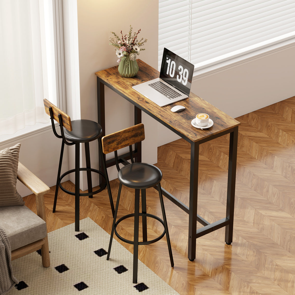 HOMCOM Set of Two Industrial-Style Bar Stools - Brown/Black