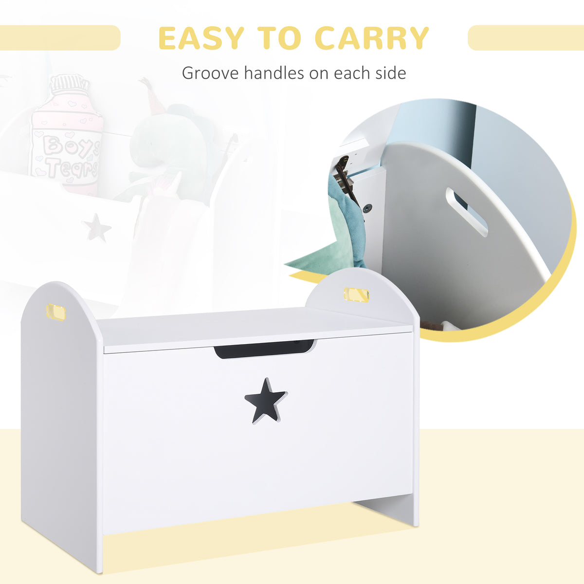 White wooden toy box with star cutout and integrated side carry handles
