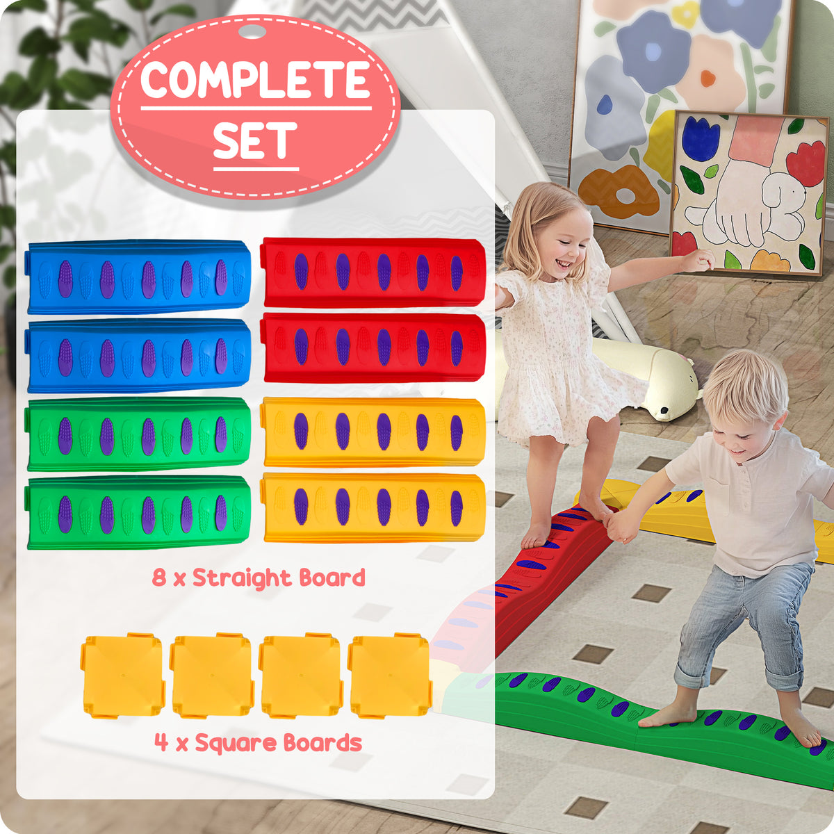 Complete balance beam set with eight straight boards and four square connectors