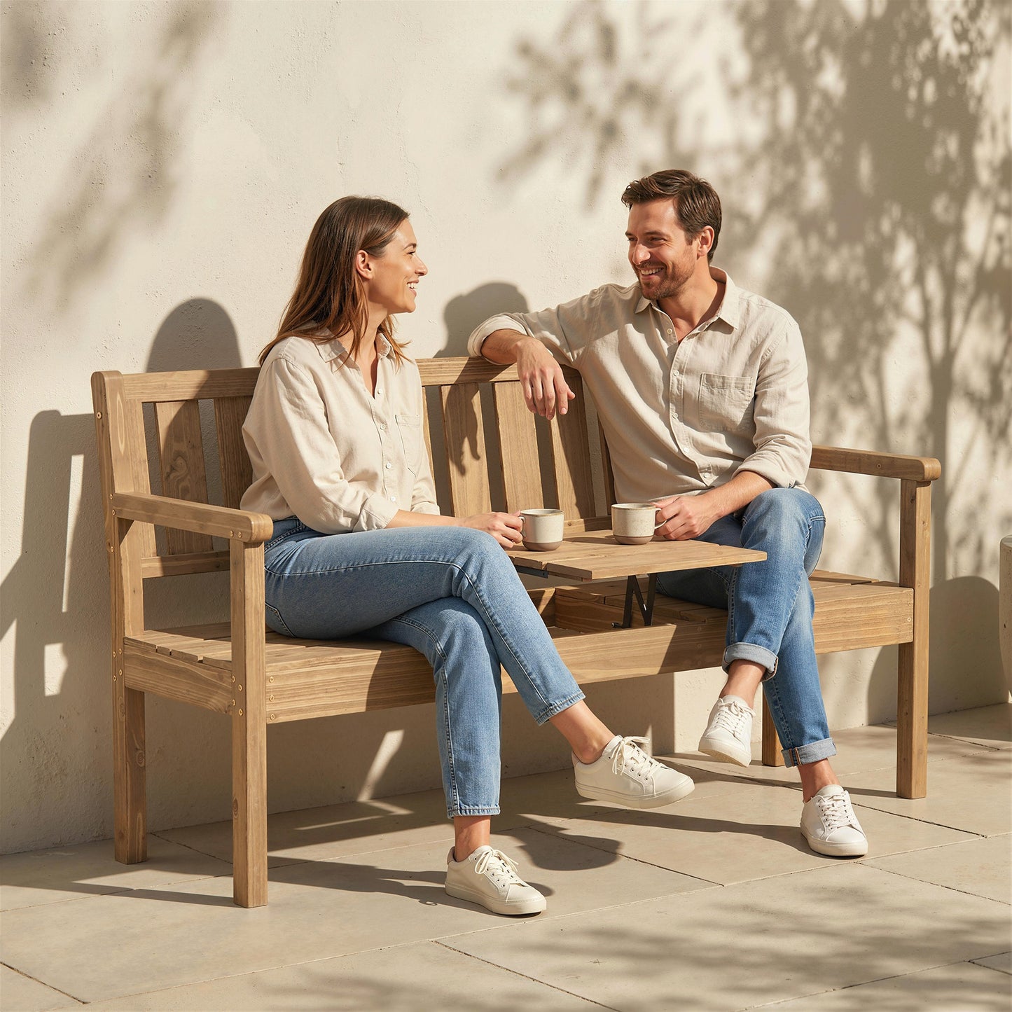 Outsunny Wooden Garden Bench with Liftable Table & Shelf, 2-3-Seater Outdoor Loveseat with Fir Wood Frame, Teak
