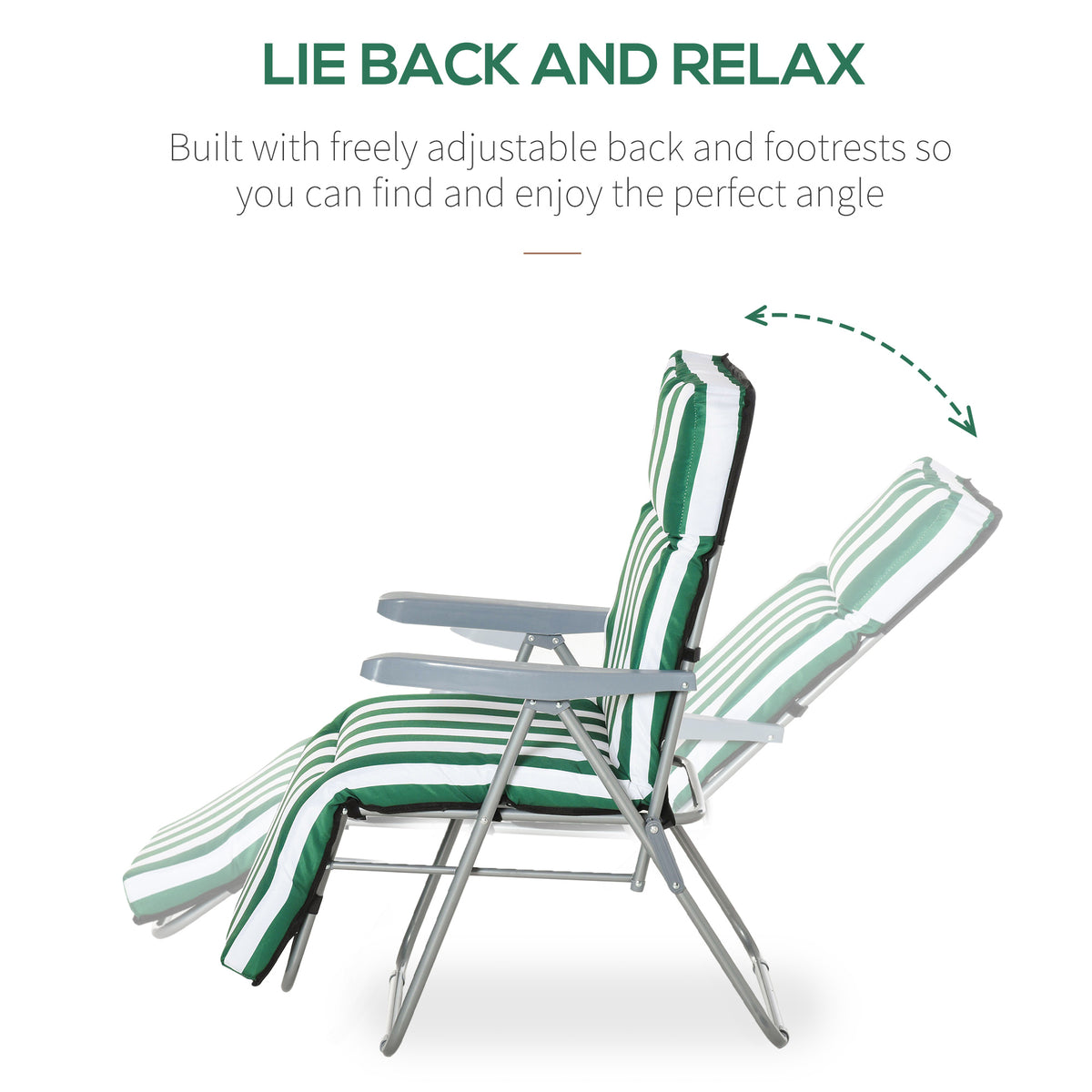 Side view of a folding sun lounger with adjustable backrest, footrest, and striped cushion