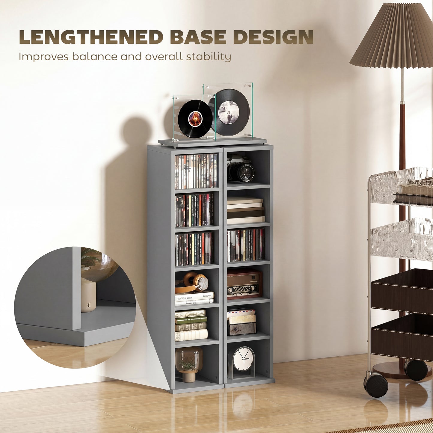HOMCOM Set of 2 CD Media Display Shelf Unit Tower Rack with Adjustable Shelves, Light Grey