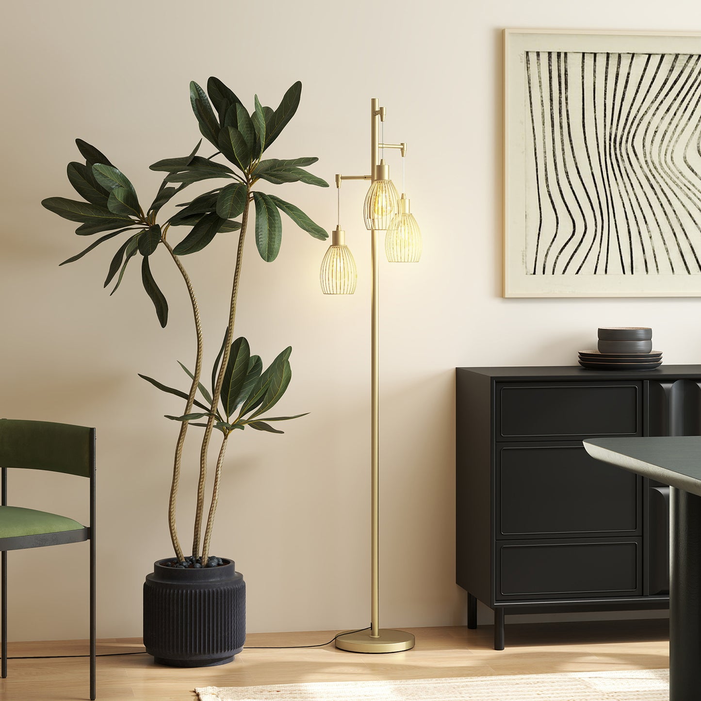 HOMCOM 3-Light Floor Lamp, 170cm Industrial Dimmable Standing Lamp with Steel Wire Cage Lampshades for Living Room, Bedroom, Dining Room, Study, Bulb Not Included, Gold Tone