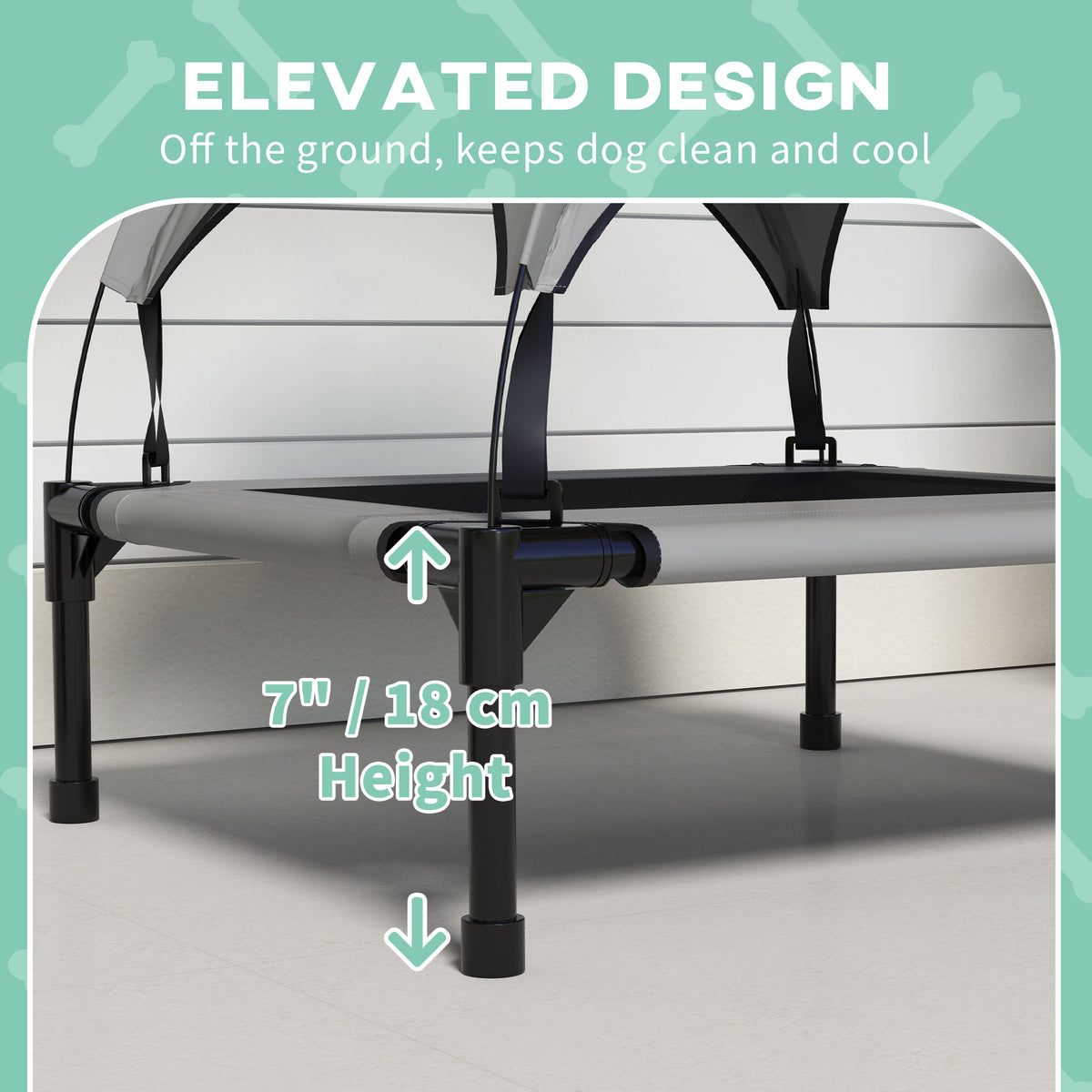 Raised pet bed with 18 cm ground clearance and an arched canopy